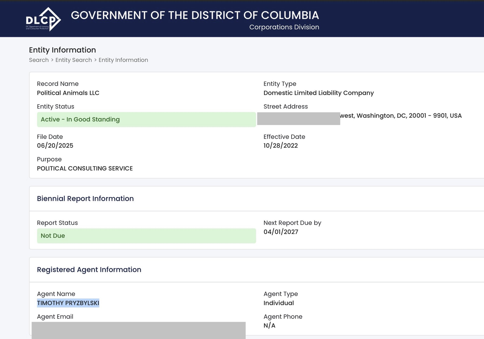 District of Columbia corporation record naming Timothy Pryzbylski as registered agent for Political Animals LLC